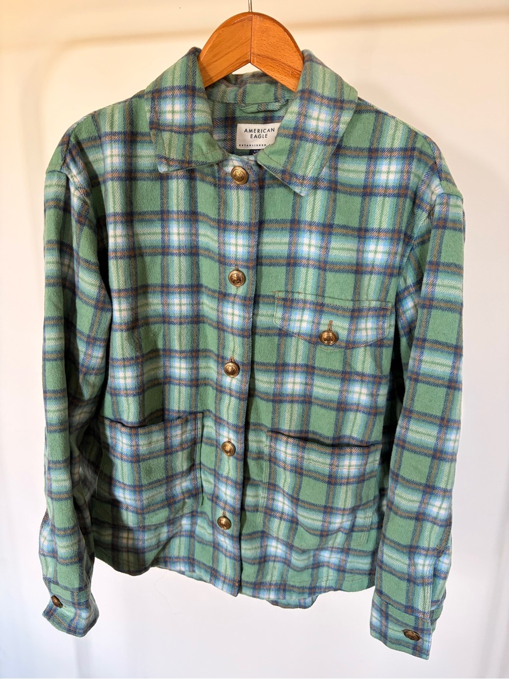 American Eagle Plaid Shacket Green Blue Gold Buttons Size S
